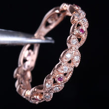 Load image into Gallery viewer, Vintage 14K Rose Gold Ring with Round Single Cut Pink Sapphire and Diamonds